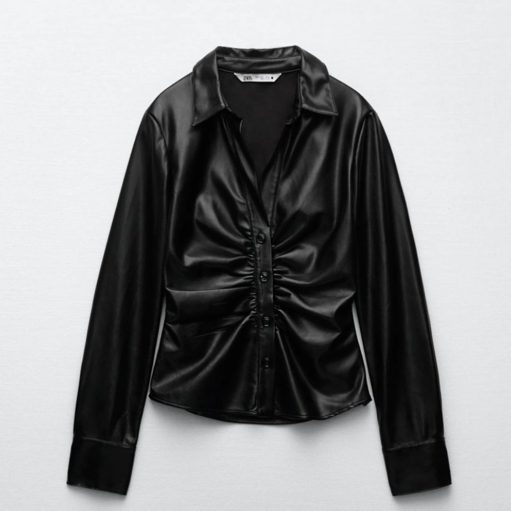 Zara Black Faux Leather Button-Down Shirt